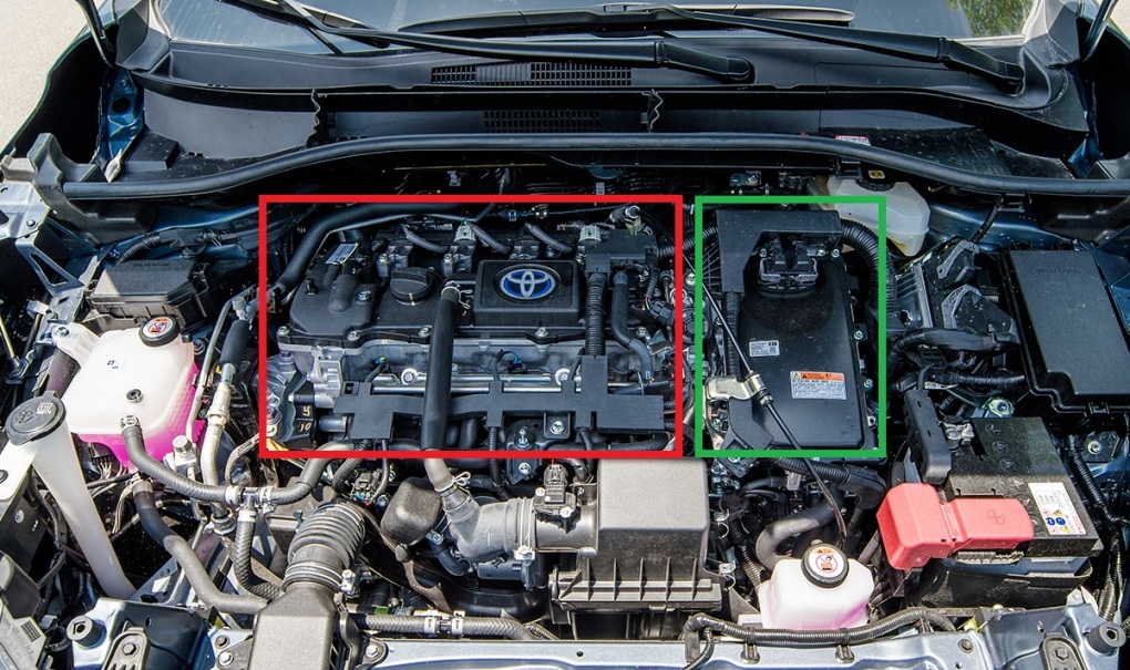 Mô tơ điện, hộp số (khung xanh) và bên cạnh là phần động cơ xăng truyền thống (đỏ)