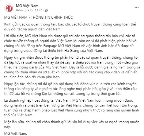 MG Việt Nam chính thức lên tiếng xin lỗi người tiêu dùng sau sự cố