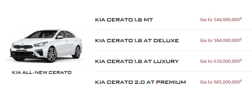 Giá niêm yết Cerato tháng 12 được cập nhật bởi Kia Motors Việt Nam