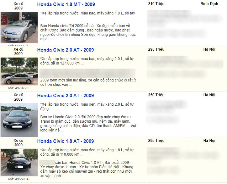 Honda Civic AT đời 2009 rao bán từ 250 - 300 triệu đồng