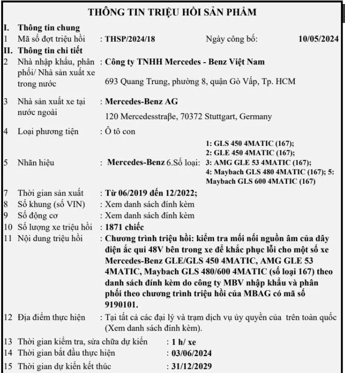 Thông tin thu hồi từ Cục Đăng kiểm Việt Nam