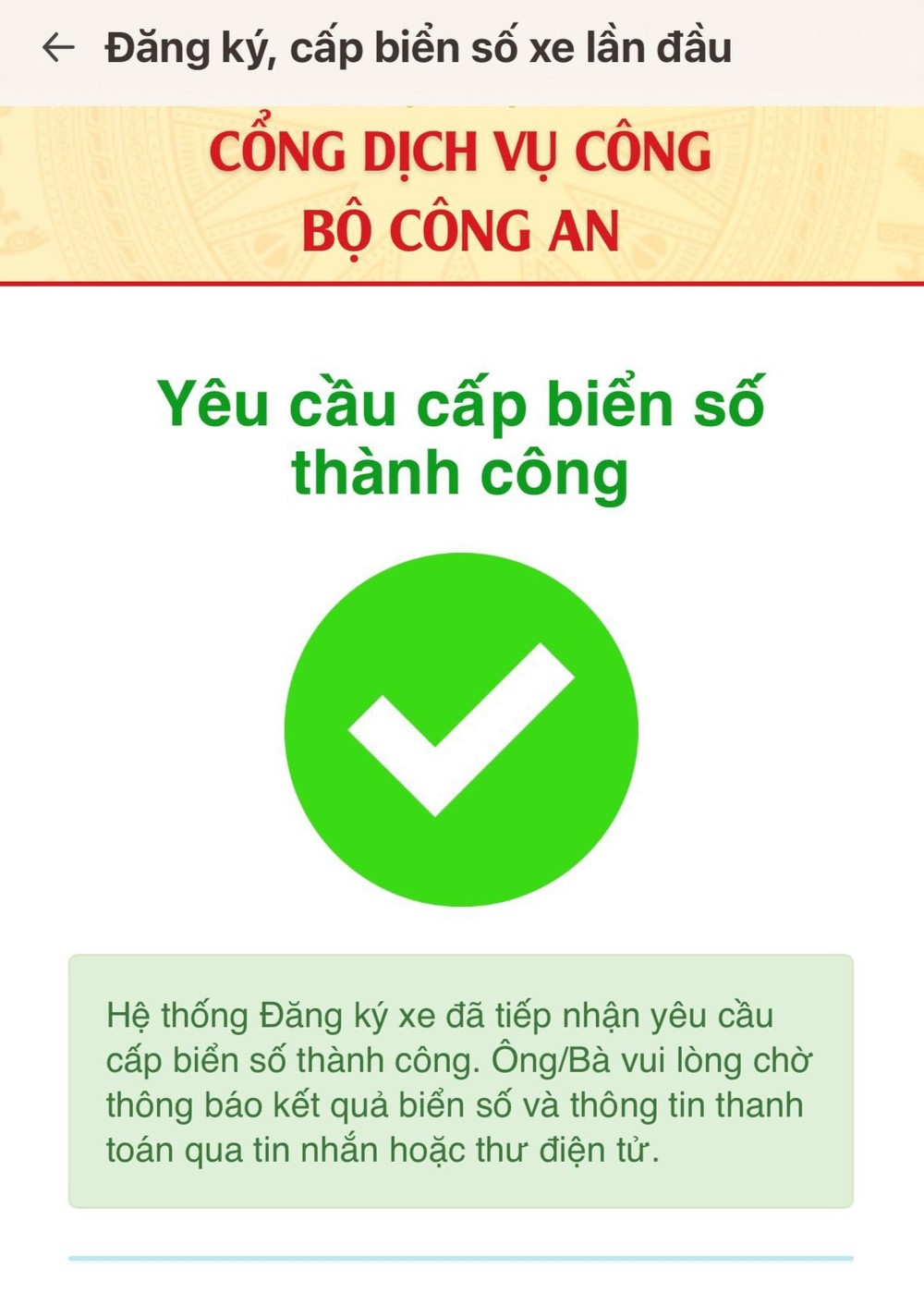 Thông báo bấm biển số thành công đầu tiên trên ứng dụng VNeID