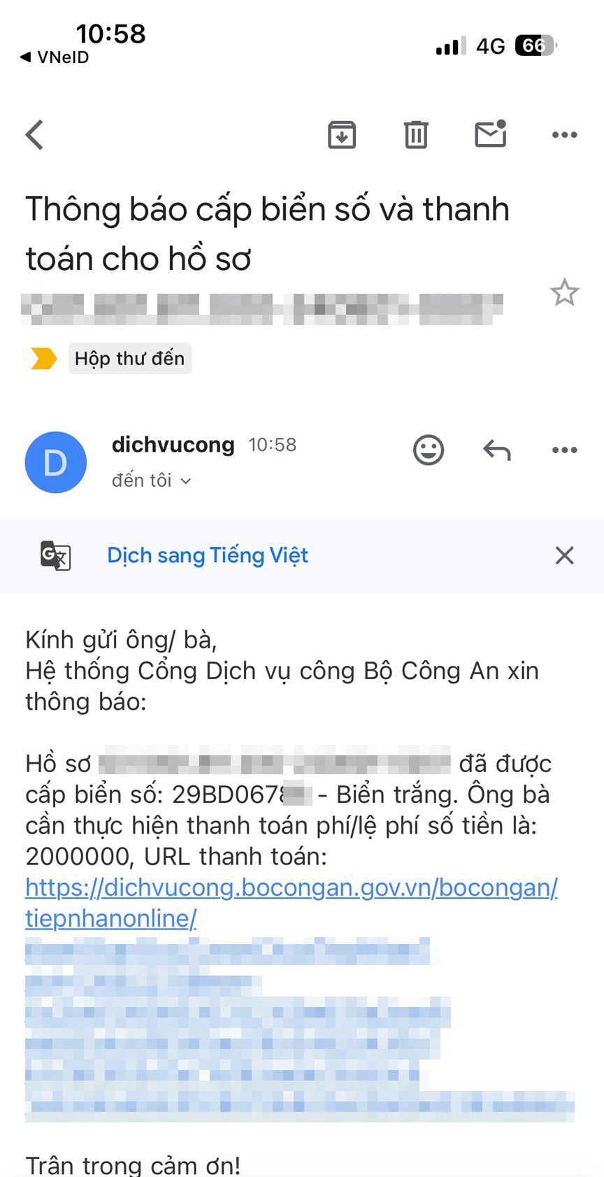 Email xác nhận bấm biển số thành công