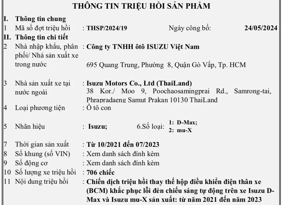 Thông báo triệu hồi được đăng tải trên trang web của Cục Đăng kiểm Việt Nam.