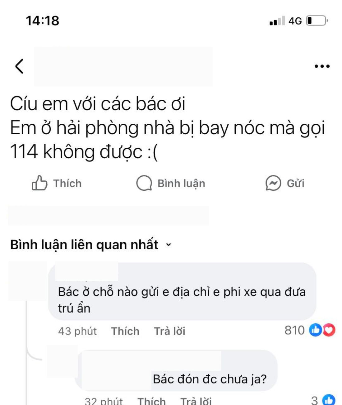 Một người dân có nhà bị tốc mái cầu cứu cộng đồng mạng.