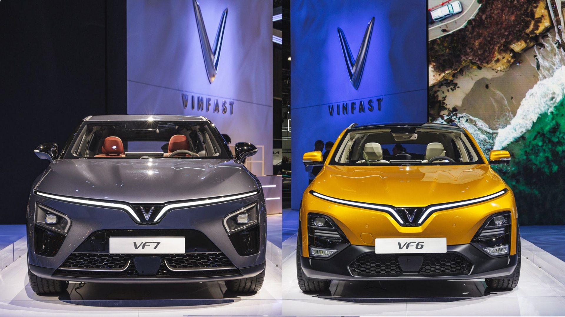 Xe mẫu SUV VF7 và VF6 của VinFast tại một triển lãm ô tô (ảnh: Car and Driver)